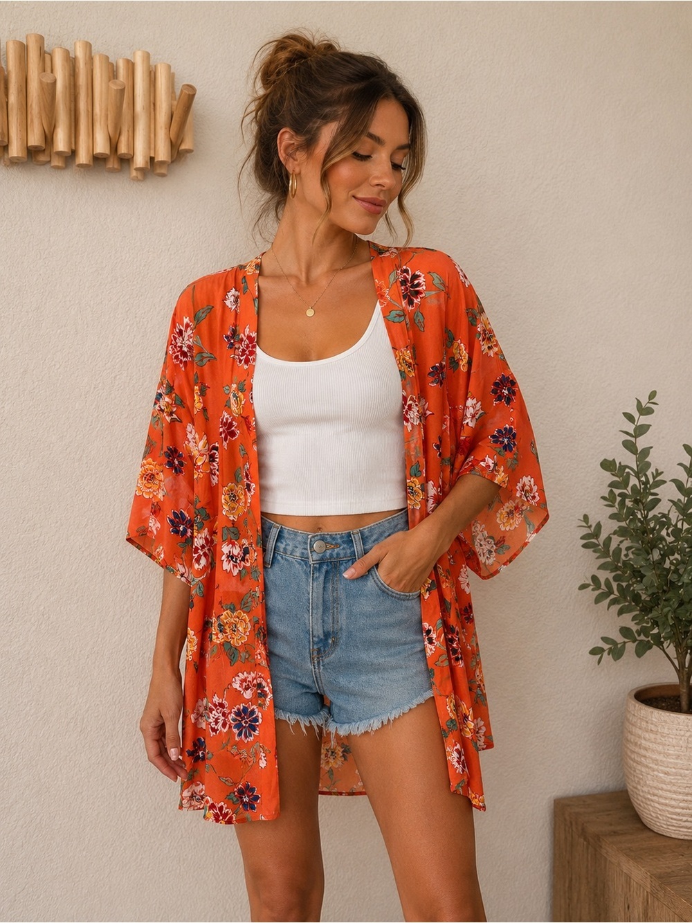 Cotton On Orange Floral Kimono Cover Up | Lightweight Boho Cardigan | Beach